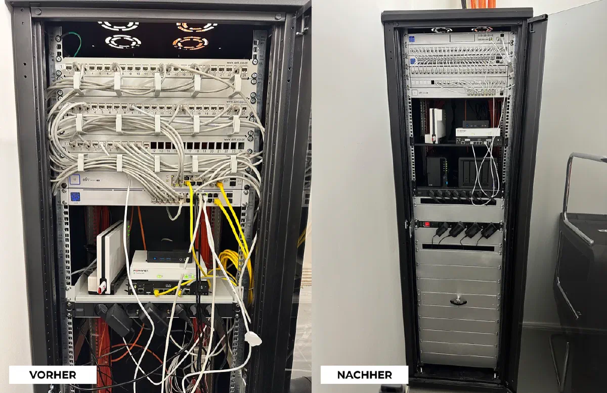 Vorher/Nachher aus einer Arztpraxis mit drei Standorten: gewachsener Netzwerkschrank mit ungeordneten Kabeln, daneben das neu geplante UniFi Rack, sauber gepatcht und beschriftet